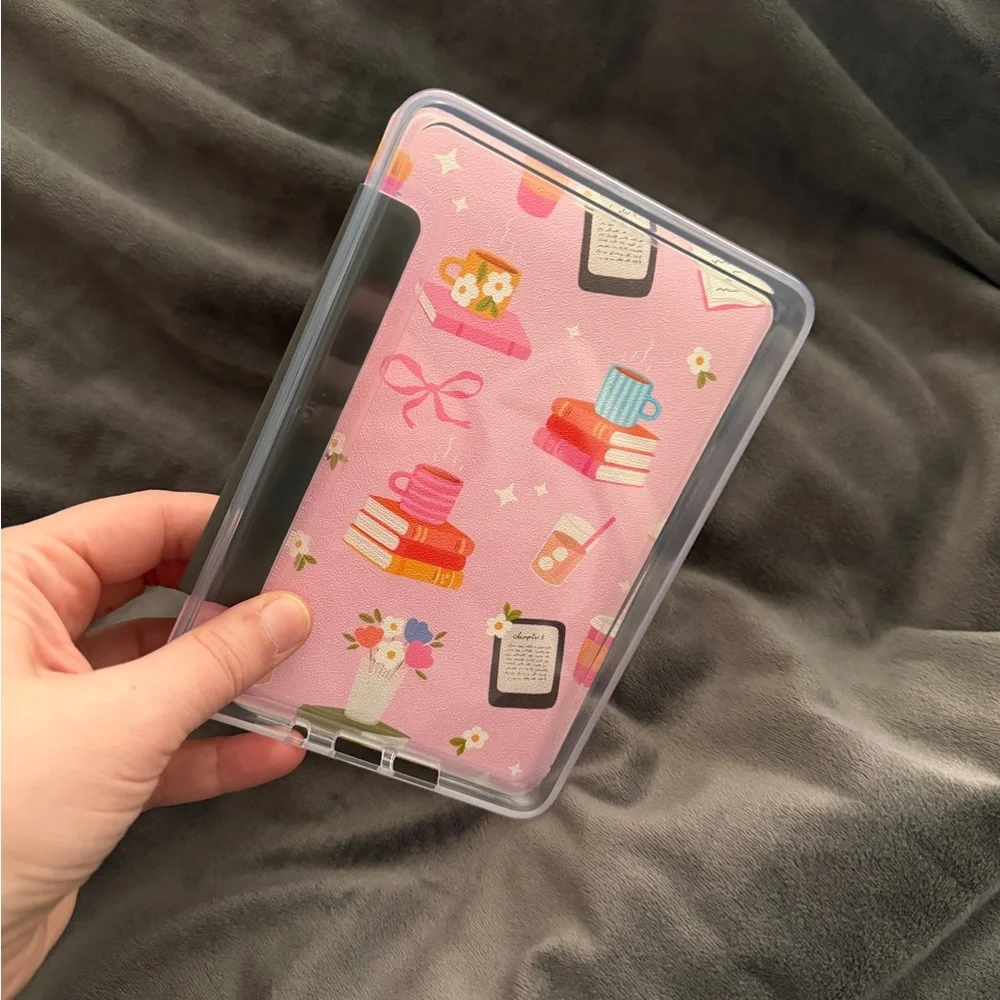 Charming Pink Tablet Cover with Book and Coffee Design